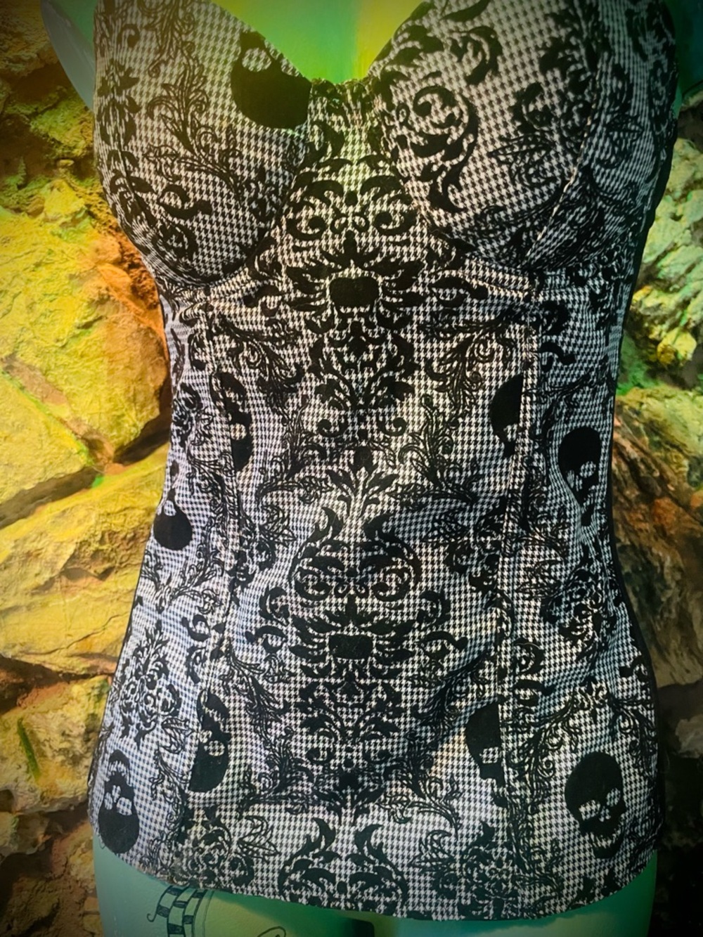 Black and White skull and damask Patterned Bustier Top - Picture 4 of 10